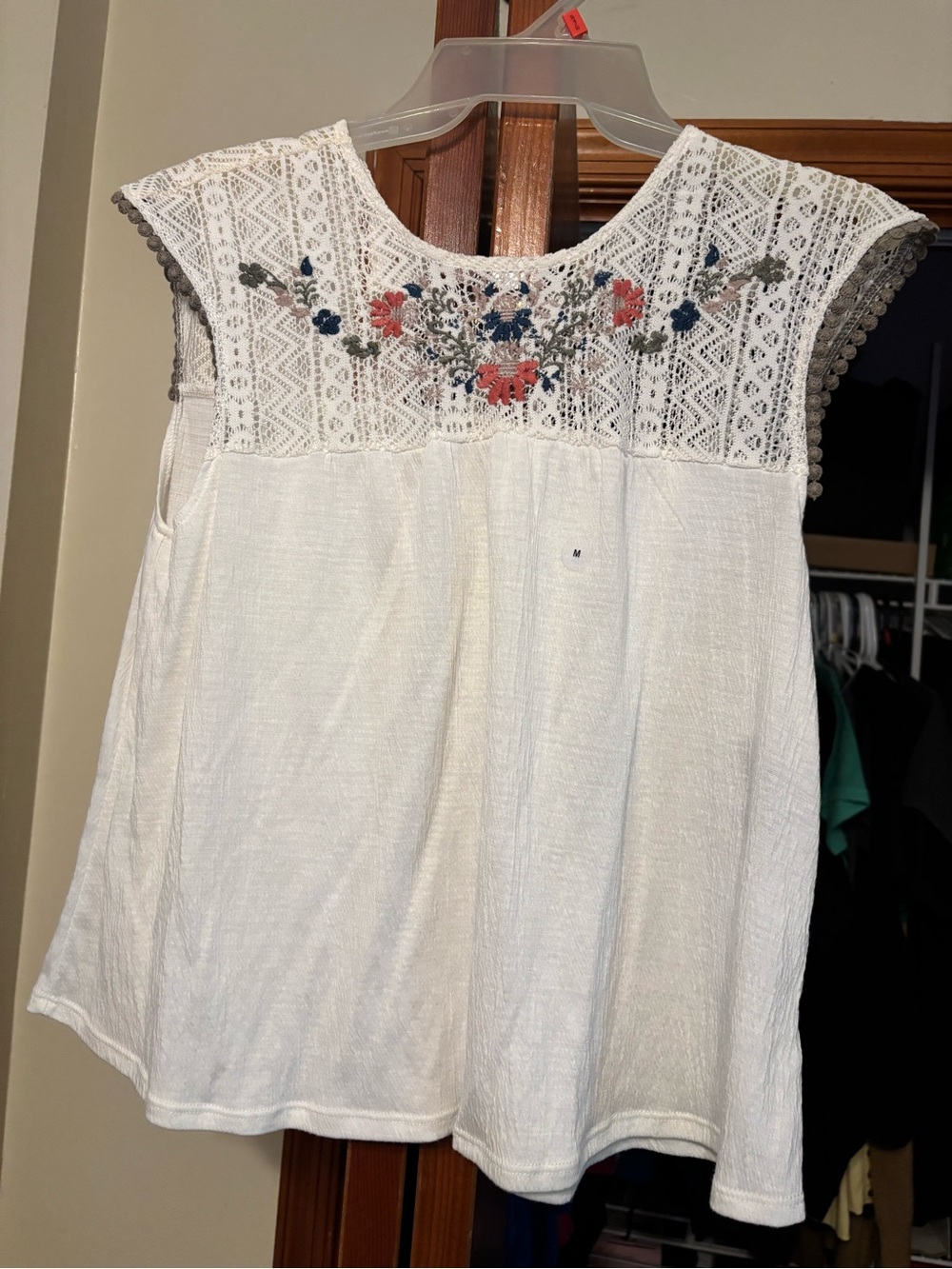 Embroidered Lace Yoke White Women's Sleeveless Top